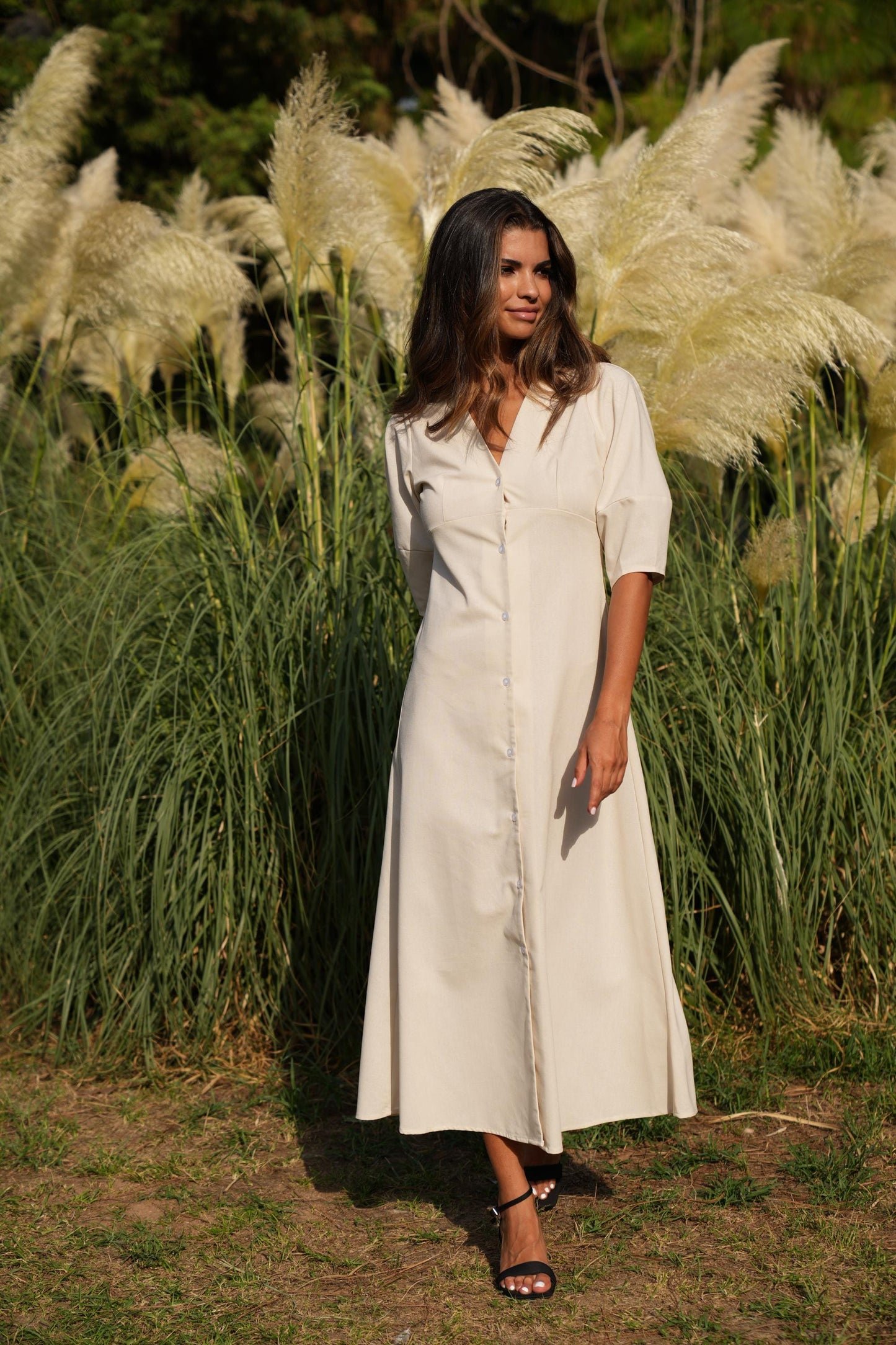 Linen V-neck puffy sleeve dress, Champagne Maxi Dress, Linen Dress for Women, Natural Linen Dress, Plus Size Linen Clothing,Midi linen dress