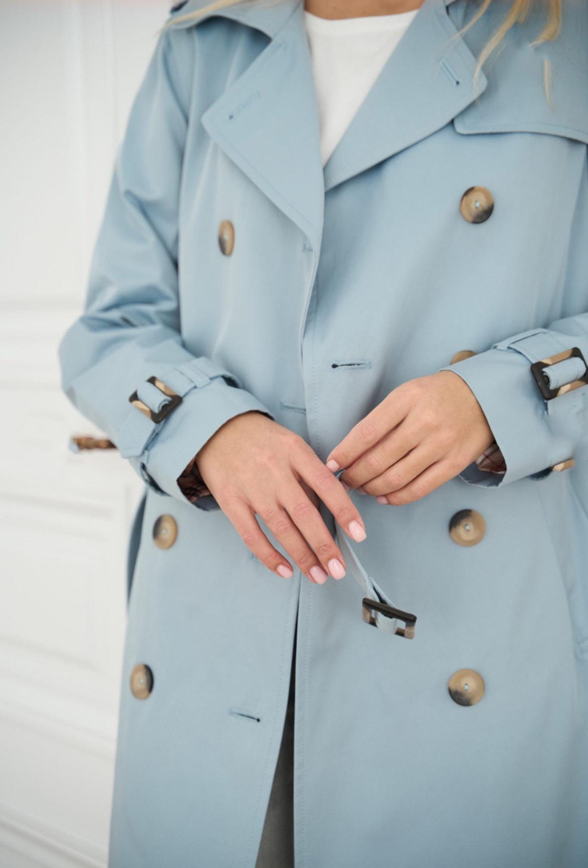 Blue Cotton Trench Coat, Maxi Trench Women, Exclusive Trench, Relaxed Trench Coat With Belt, Classic Long Trench For Fall And Spring