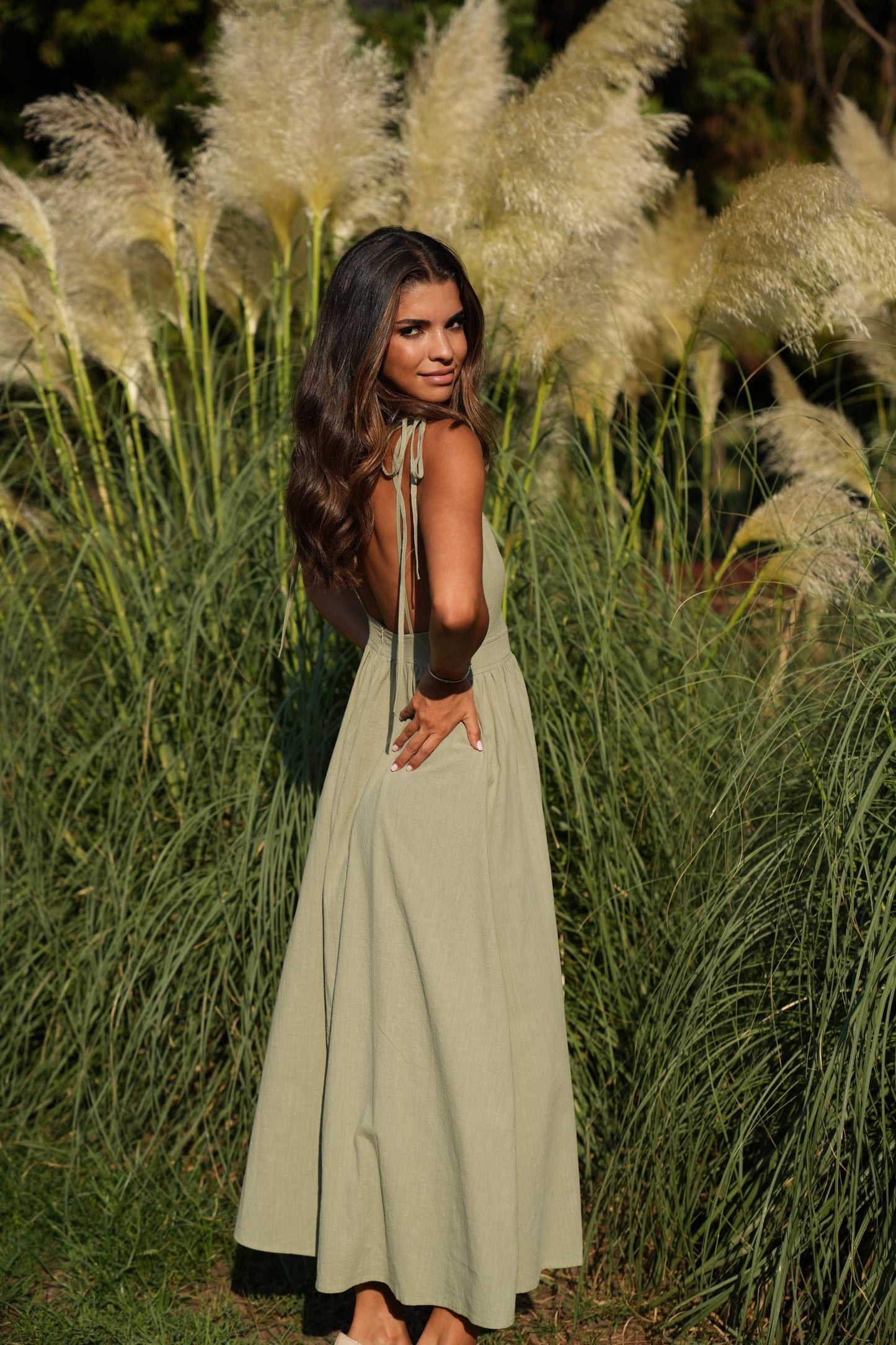 Khaki Maxi Linen Dress, Natural Linen Dress