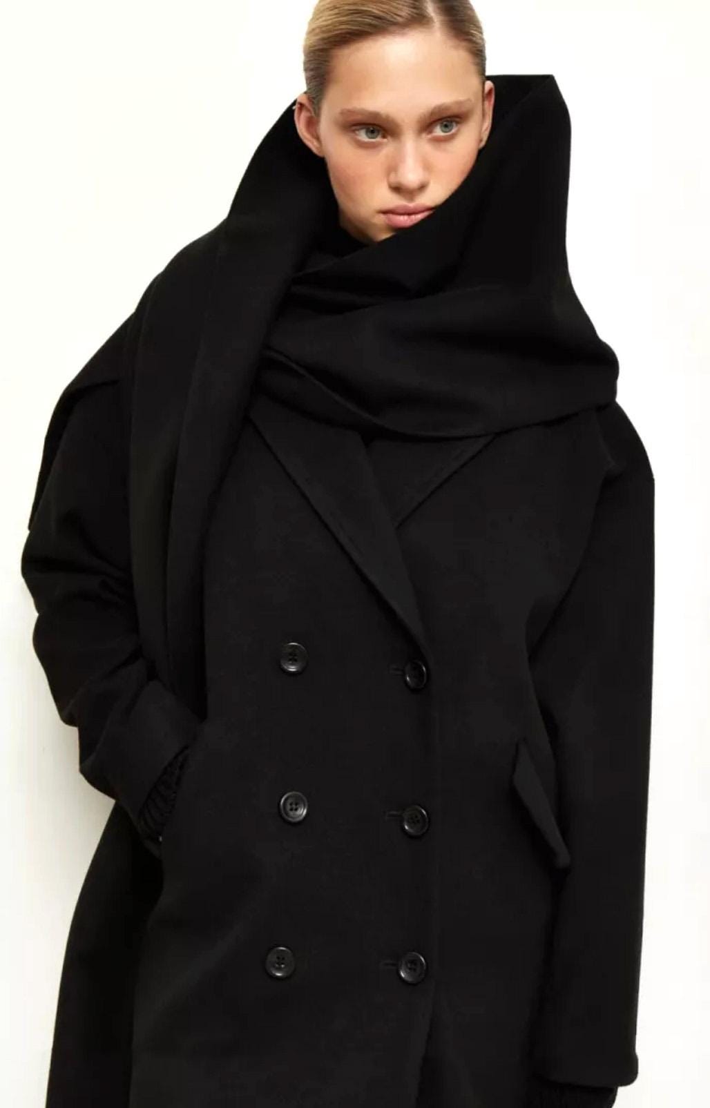 Black Midi Wool Coat with Scarf, Cashemere Coat, Lined Warm Winter Coat, Oversized Cashmere Wool Coat, Boyfriend Women Coat, Wrap Overcoat