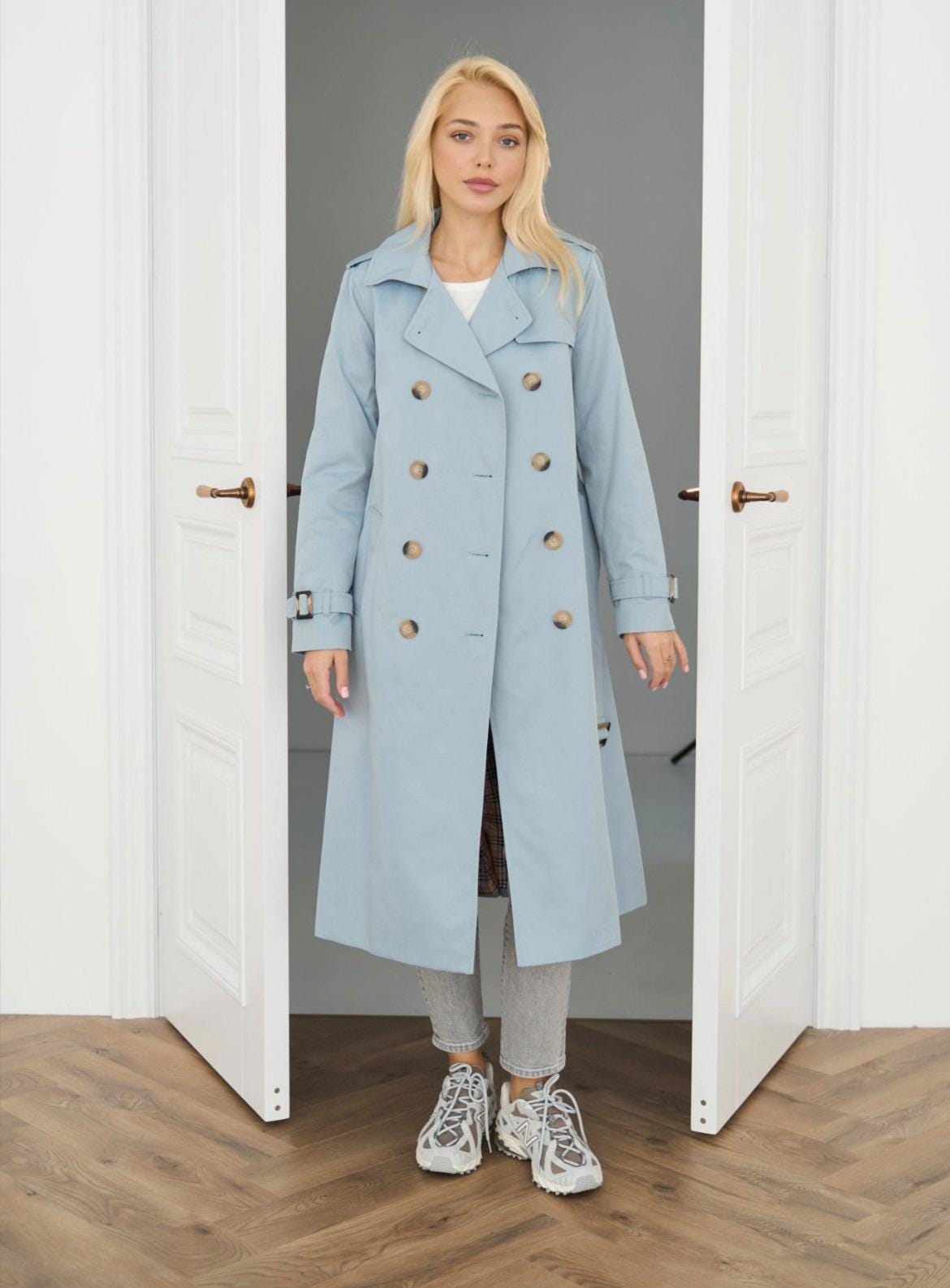 Blue Cotton Trench Coat, Maxi Trench Women, Exclusive Trench, Relaxed Trench Coat With Belt, Classic Long Trench For Fall And Spring