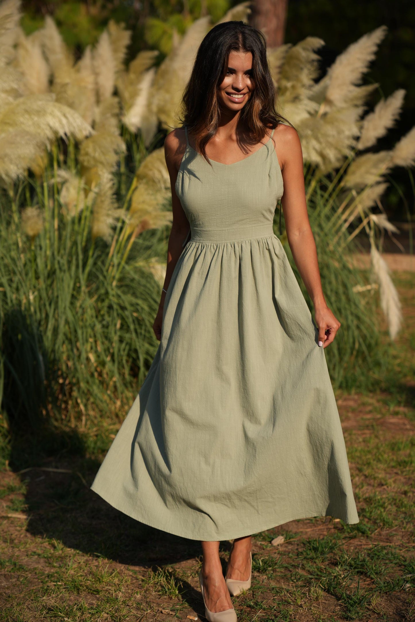 Khaki Maxi Linen Dress, Natural Linen Dress