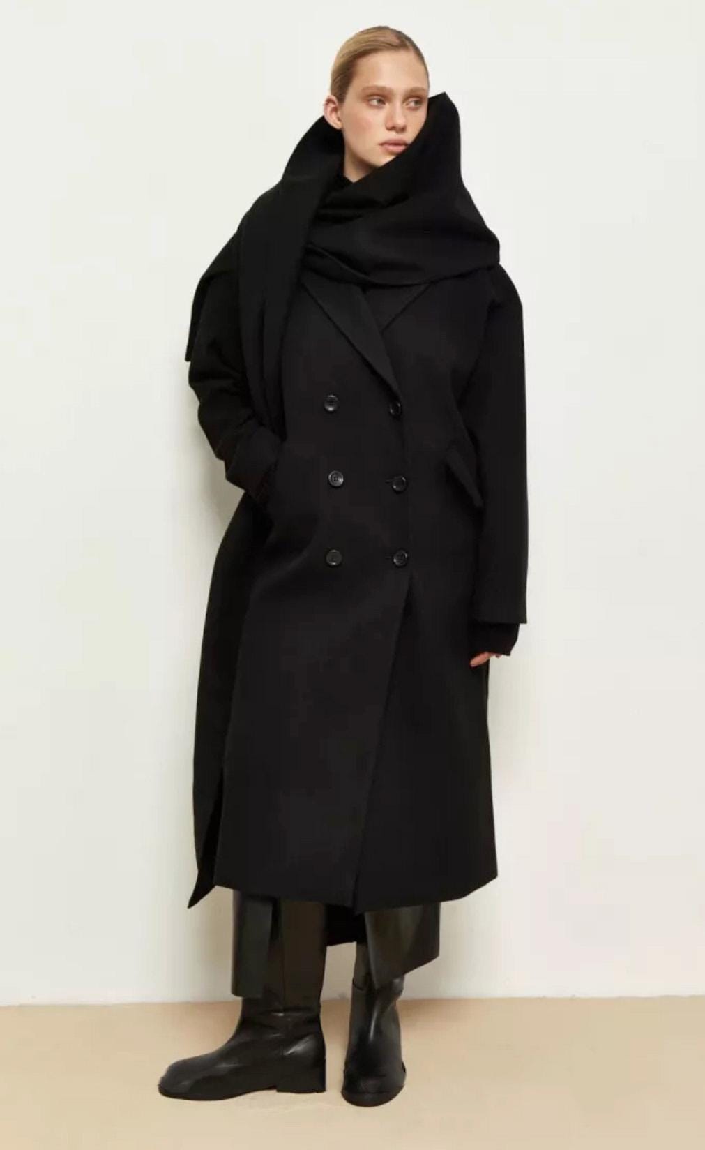 Black Midi Wool Coat with Scarf, Cashemere Coat, Lined Warm Winter Coat, Oversized Cashmere Wool Coat, Boyfriend Women Coat, Wrap Overcoat
