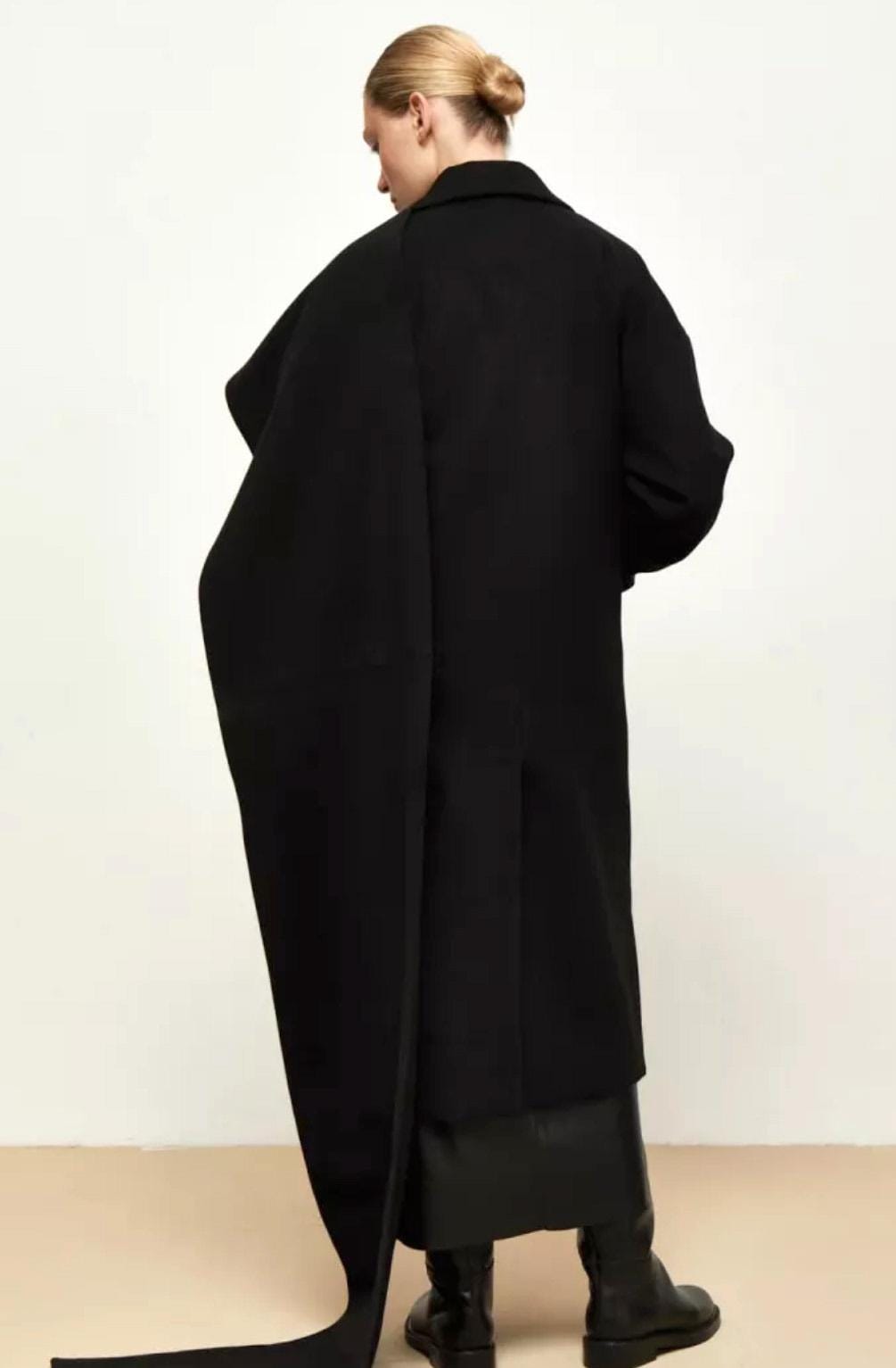 Black Midi Wool Coat with Scarf, Cashemere Coat, Lined Warm Winter Coat, Oversized Cashmere Wool Coat, Boyfriend Women Coat, Wrap Overcoat