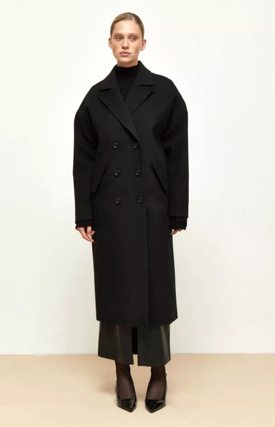 Black Midi Wool Coat with Scarf, Cashemere Coat, Lined Warm Winter Coat, Oversized Cashmere Wool Coat, Boyfriend Women Coat, Wrap Overcoat