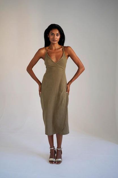 Muslin dress with wrap look, Muslin sleeveless midi dress, Linen Dress for Women, Wrap Dress, Plus Size Clothing, Casual Dress Khaki