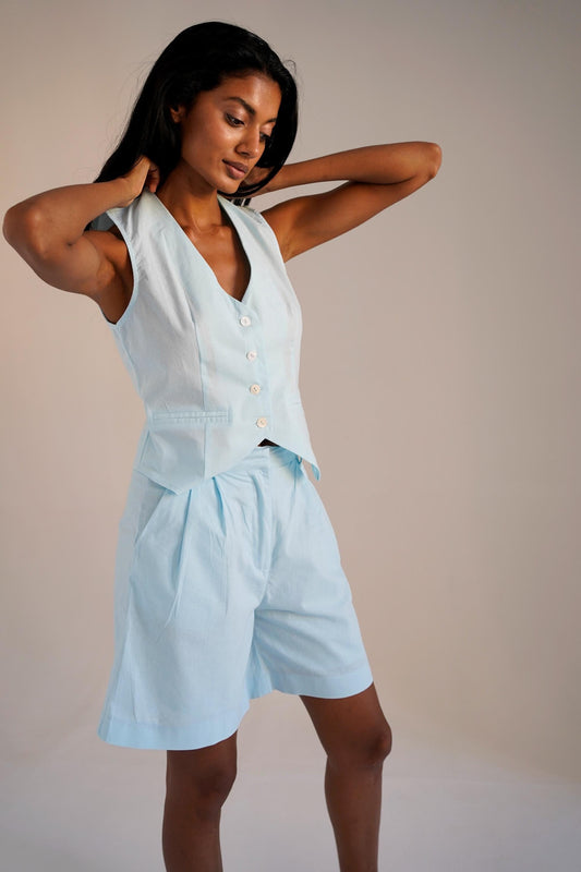 Linen Set With Shorts and Shirt, Linen T-shirt,Linen Blue Blouse, Blue Linen Women Top, Linen Summer Sleeveless Top, V-neck Shirt