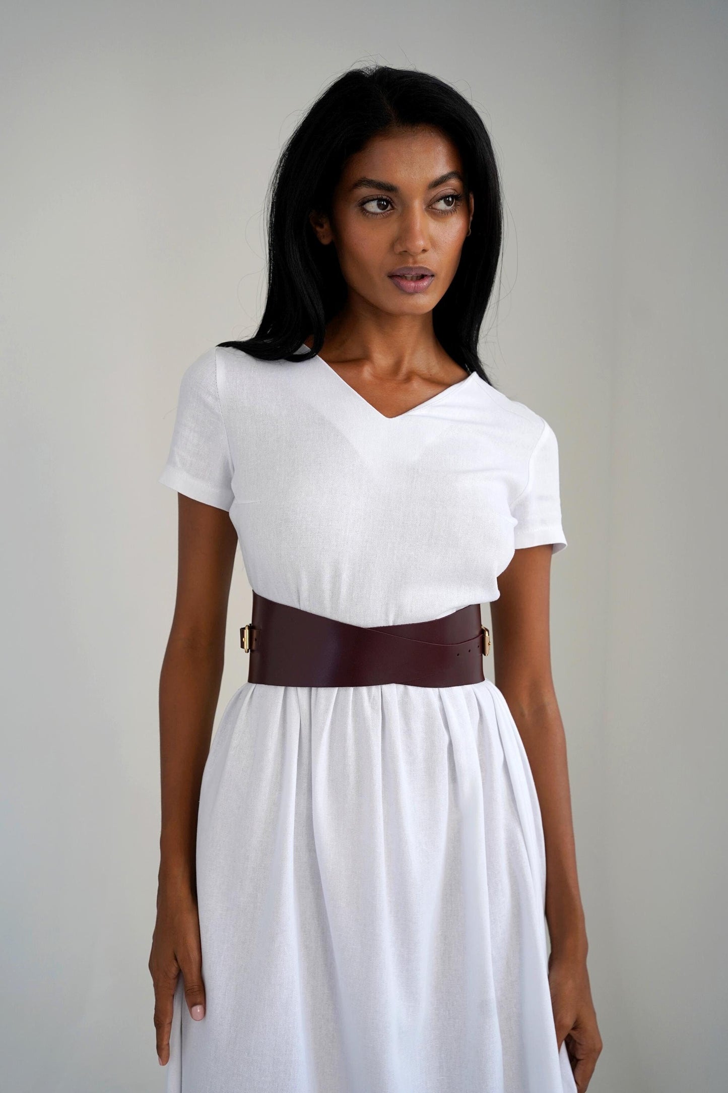 Maxi Linen Dress linen clothing, Leather Belt, White Linen Dress, White Linen Dress With Leather Belt,Plus Size Linen Clothing,Women Harness