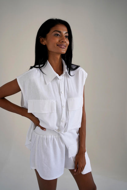 Linen Blouse Shorts, White Linen Top, t-shirt women natural linen blouse,Linen Blouse with Pockets, Linen Shorts with Top, Casual Ettire