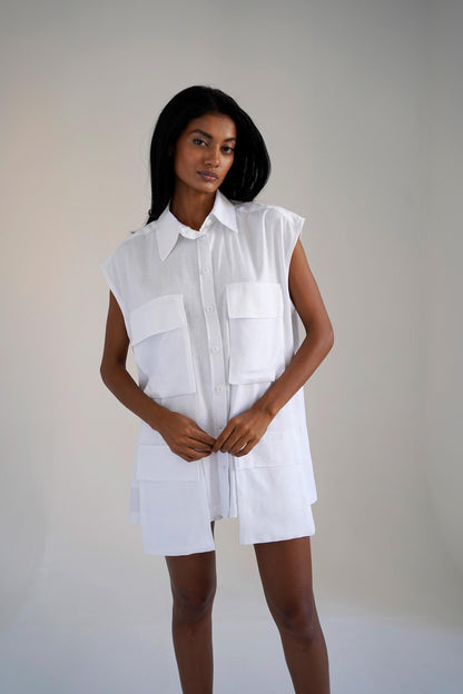 Linen Blouse Shorts, White Linen Top, t-shirt women natural linen blouse,Linen Blouse with Pockets, Linen Shorts with Top, Casual Ettire