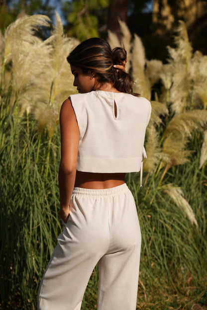 Linen Set Top Pants, Beige Linen Blouse , t-shirt women natural linen blouse, Pants with Pocket, Linen Pants with Top, Casual Ettire