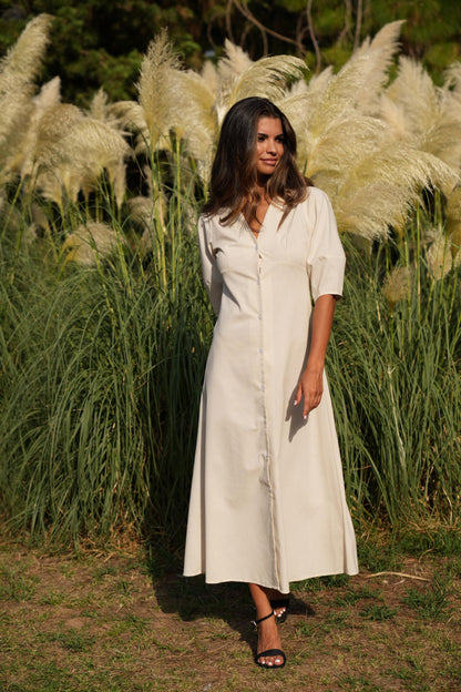 Linen V-neck puffy sleeve dress, Champagne Maxi Dress, Linen Dress for Women, Natural Linen Dress, Plus Size Linen Clothing,Midi linen dress