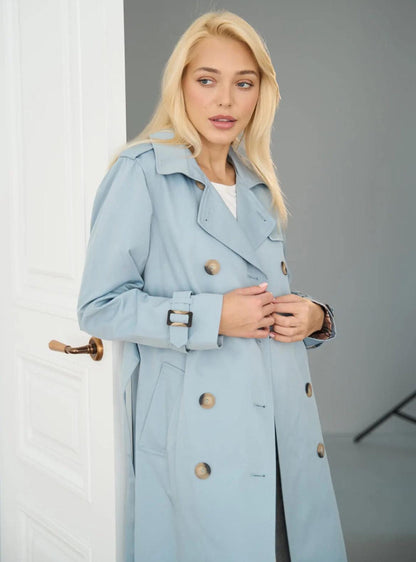 Blue Cotton Trench Coat, Maxi Trench Women, Exclusive Trench, Relaxed Trench Coat With Belt, Classic Long Trench For Fall And Spring