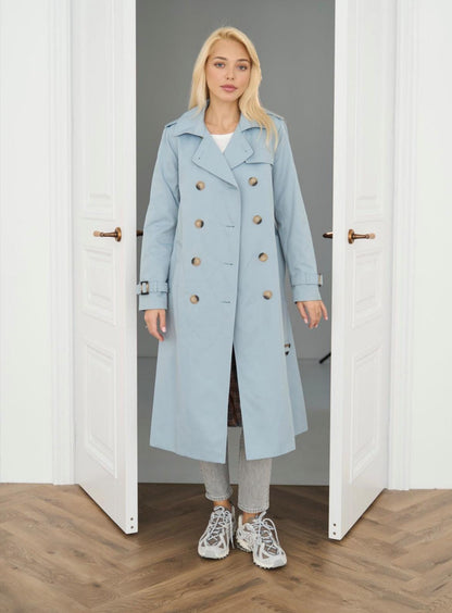 Blue Cotton Trench Coat, Maxi Trench Women, Exclusive Trench, Relaxed Trench Coat With Belt, Classic Long Trench For Fall And Spring