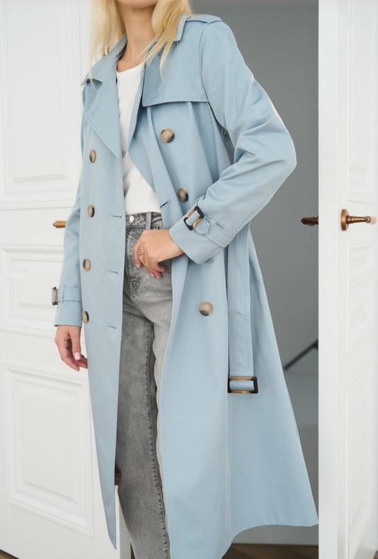 Blue Cotton Trench Coat, Maxi Trench Women, Exclusive Trench, Relaxed Trench Coat With Belt, Classic Long Trench For Fall And Spring