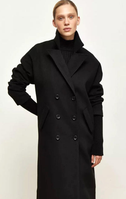 Black Midi Wool Coat with Scarf, Cashemere Coat, Lined Warm Winter Coat, Oversized  Cashmere Wool Coat, Boyfriend Women Coat,  Wrap Overcoat